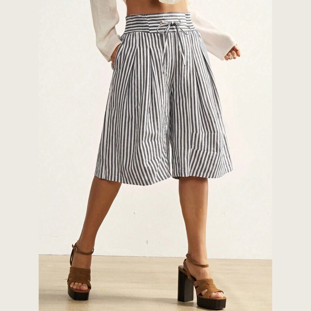 Black & White Striped Cotton Bermuda Shorts with Tie Waist